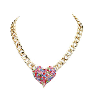 Gold Multi Heart Rhinestone Pave Chunky Metal Chain Necklace, Get ready with these Metal Chain  Necklace, put on a pop of color to complete your ensemble. Perfect for adding just the right amount of shimmer & shine and a touch of class to special events. Perfect Birthday Gift, Anniversary Gift, Mother's Day Gift, Graduation Gift.