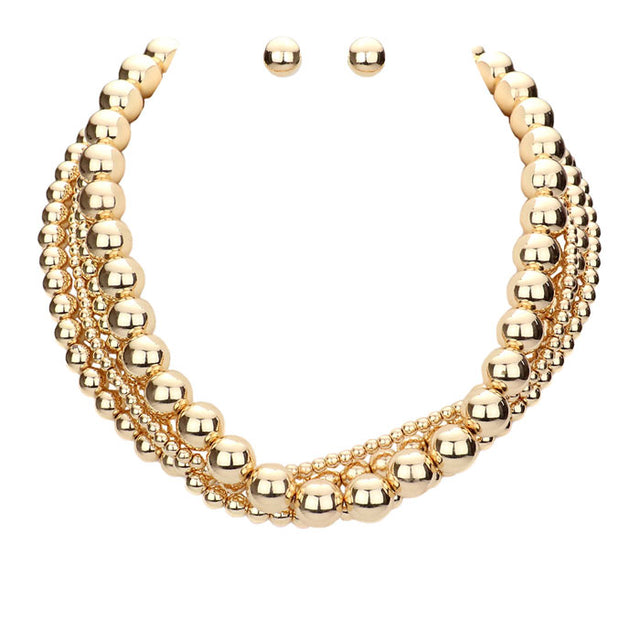 Gold Multi Layered Metal Ball Necklace. Stone Embellished Heart Metal Ball Pendant Station Necklace, Get ready with these Pendant Station Necklace, put on a pop of color to complete your ensemble. Perfect for adding just the right amount of shimmer & shine and a touch of class to special events. Perfect Birthday Gift, Anniversary Gift, Mother's Day Gift.