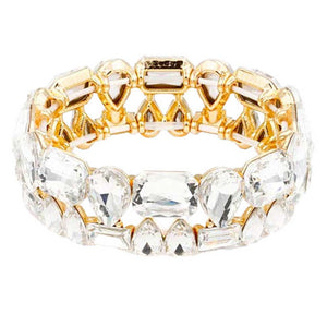 Gold Multi Stone Stretch Evening Bracelet, look as majestic on the outside as you feel on the inside, eye-catching sparkle, sophisticated look you have been craving for!  Can go from the office to after-hours easily, adds a stunning glow to any outfit. Stylish bracelet that is easy to put on, take off. Perfect gift for you or a loved one!