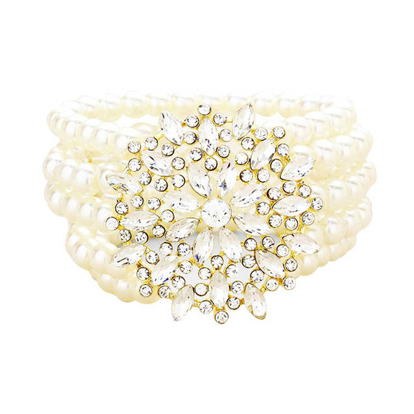 Gold Multi Strand Pearl Crystal Flower Accented Stretch Bracelet. Get ready with this Stretch Bracelet, put on a pop of color to complete your ensemble. Perfect for adding just the right amount of shimmer & shine and a touch of class to special events. Perfect Birthday Gift, Anniversary Gift, Mother's Day Gift, Thank you Gift.