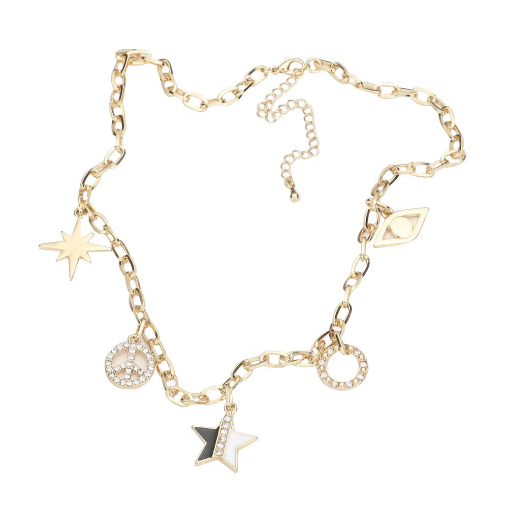 Gold North Star Peace Sign Star Evil Eye Pendant Station Necklace, exquisite shiny polished north star peace & evil eye multi charm bracelet that will surely amp up your beauty and show your perfect class anywhere, any time. The beautifully crafted design adds a gorgeous glow to any outfit. Jewelry that fits your lifestyle adding extra luxe! Perfect Birthday Gift, Anniversary Gift, Mother's Day Gift, Anniversary Gift, Graduation Gift, Prom Jewelry, Just Because Gift, Thank you Gift, Charm Necklace.