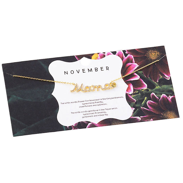 Gold November Birthstone MAMA Message Pendant Necklace. Elegant jewelry brightens up your brilliant life. No matter when, a mother is always there to accompany you and protect you. The mother necklace keeps our love close to mom.  Make your mother feel special by giving this MAMA pendant necklace as a gift and expressing your love for your mother on this Mother's Day.