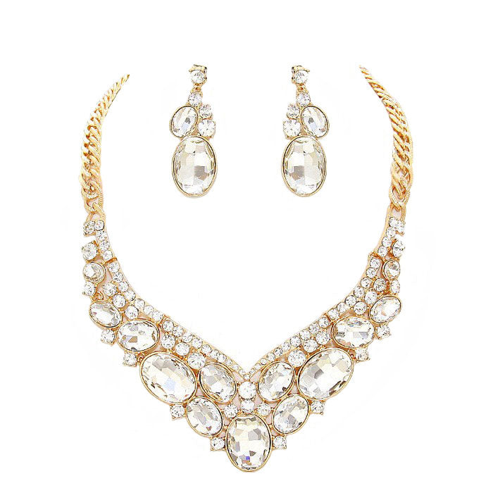 AB Gold Oval Glass Crystal Evening Necklace, Glass Statement Crystal stunning jewelry set will sparkle all night long making you shine out like a diamond. make a stylish addition to your fashion necklace and jewelry collection. put on a pop of color to complete your ensemble. perfect for a night out on the town or a black tie party, Perfect Gift, Birthday, Anniversary, Prom, Mother's Day Gift, Wedding, Bridesmaid etc.