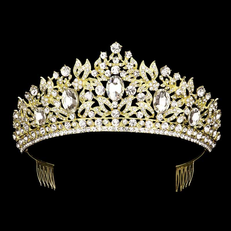 Gold Oval Stone Accented Leaf Cluster Princess Tiara, This cluster princess tiara is a classic royal tiara made from gorgeous oval stone accented is the epitome of elegance. Exquisite design with stunning color and brightness makes you more eye-catching in the crowd and will make you more charming and pretty without fail. 