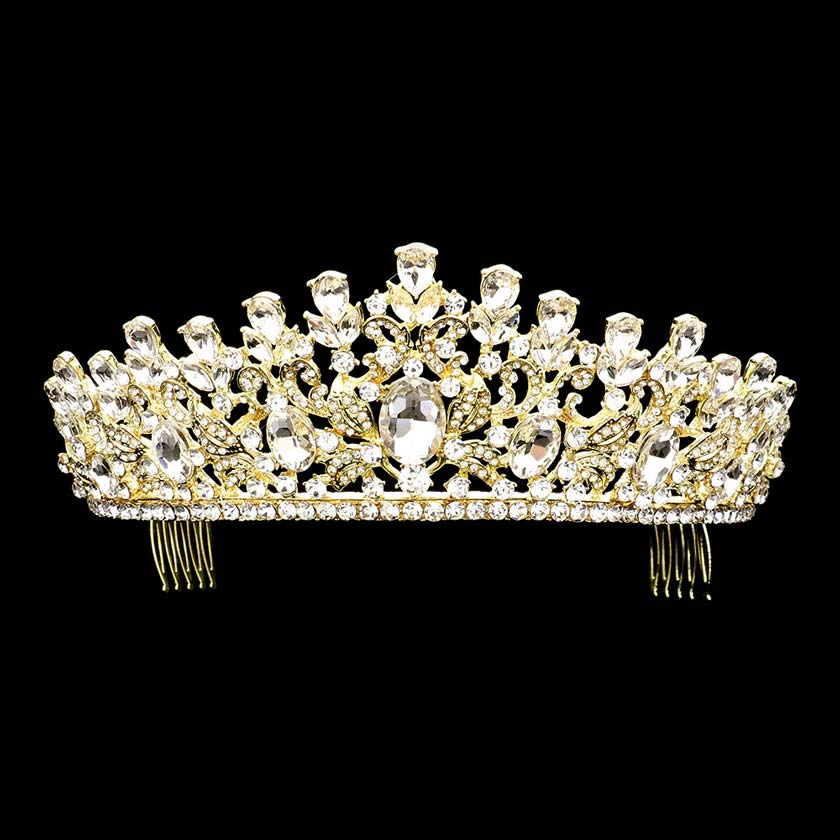 Gold Oval Stone Accented Leaf Cluster Princess Tiara, this oval stone princess tiara is made of awesome oval stones that make you more gorgeous and luxurious on special occasions. Perfect for adding just the right amount of shimmer & shine, will add a touch of class, beauty, and style to your special events.