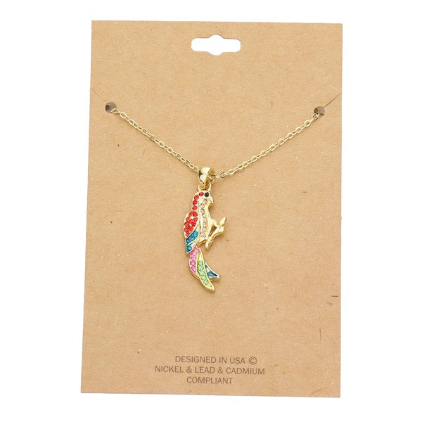 Gold Rhinestone Embellished Parrot Pendant Charm Rhinestone Necklace, ultra-chic Parrot pendant chain, the perfect balance of simplicity & edginess. Parrot pendant necklaces are fun, whimsical, perfectly lightweight for all-day wear, coordinate with any ensemble from business casual to everyday wear, Perfect Birthday Gift 