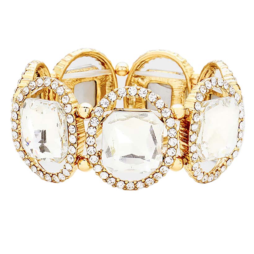 Gold Pave Oval Trim Glass Crystal Stretch Evening Bracelet, is a glowing and sparkling beauty that is perfect to show off your glowing look and enrich your beauty to a greater extent. Wear this beauty to add a gorgeous glow to your special outfit at weddings, wedding showers, receptions, anniversaries, and other special occasions.