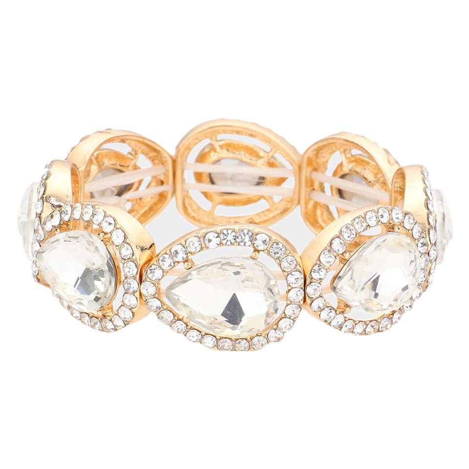 Gold Pave Teardrop Trim Glass Crystal Stretch Evening Bracelet, is a beautiful addition to your perfect choice to represent your perfect class and gorgeousness on any special occasion. Make the day special with the glowing beauty of this awesome Crystal Stretch Evening Bracelet. Wear this beauty to add a gorgeous glow to your special outfit at weddings, wedding showers, receptions, anniversaries, and other special occasions.