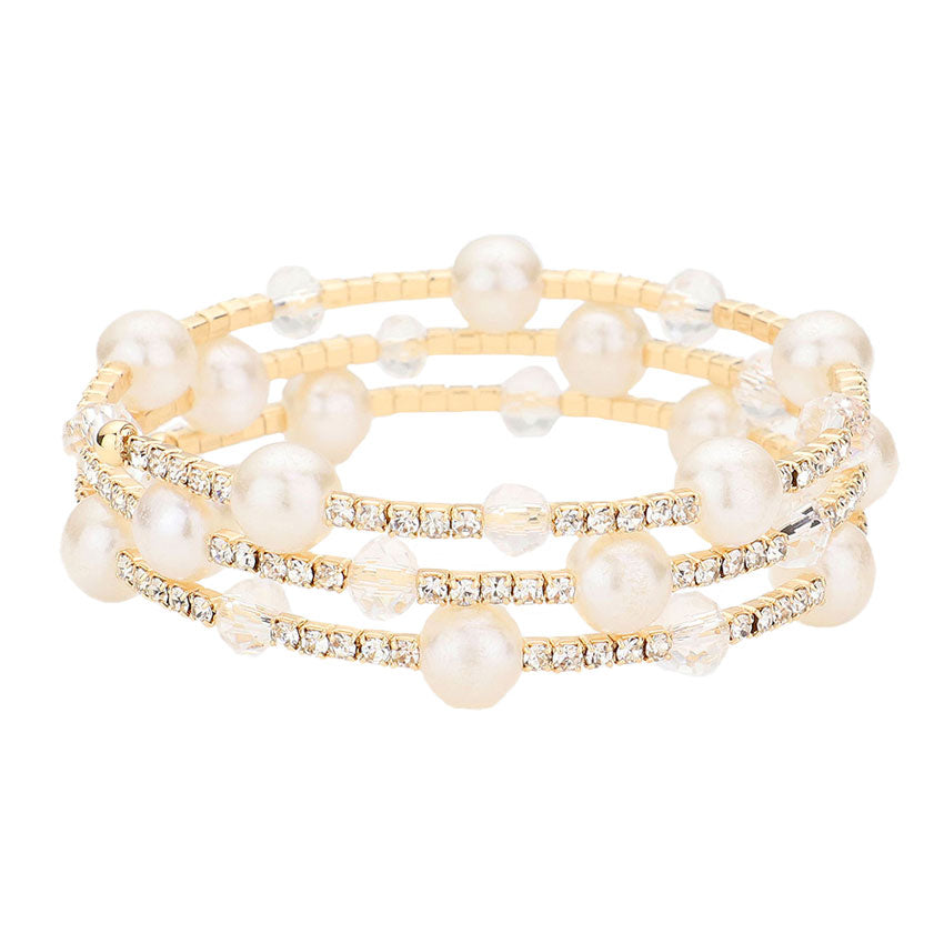 Gold Pearl Accented Rhinestone Coil Bracelet. A stunning Pearl bracelet is sure to get you noticed and adds a gorgeous glow to any outfit. Cute pearl stretch and subtle sleek style, are just what you need to update your wardrobe. perfect for a night out on the town or a black tie party, ideal for Special Occasion, Prom or an Evening out. Awesome gift for birthday, anniversary, Valentine’s Day, or any special occasion, Thank you, Gift. 