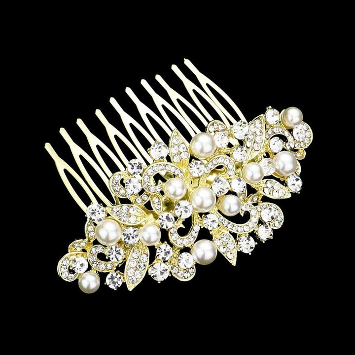 Gold Pearl Accented Rhinestone Pave Hair Comb, amps up your hairstyle with a glamorous look as you are with this flower & leaf Rhinestone pave hair comb! Add spectacular sparkle into your hair that brightens your moments with joy. Perfect for adding just the right amount of shimmer & shine. It will add a touch of class, beauty, and style to your wedding, prom, and special events. It is made of Pearl Accented Rhinestone pave to keep your hair sparkling all day & all night