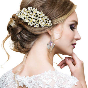 Gold Pearl Accented Rhinestone Pave Hair Comb, amps up your hairstyle with a glamorous look as you are with this flower & leaf Rhinestone pave hair comb! Add spectacular sparkle into your hair that brightens your moments with joy. Perfect for adding just the right amount of shimmer & shine. It will add a touch of class, beauty, and style to your wedding, prom, and special events. It is made of Pearl Accented Rhinestone pave to keep your hair sparkling all day & all night