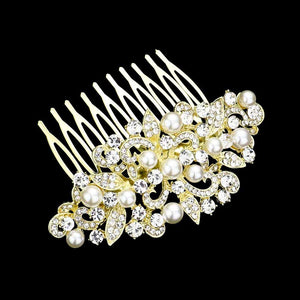 Gold Pearl Accented Rhinestone Pave Hair Comb, amps up your hairstyle with a glamorous look as you are with this flower & leaf Rhinestone pave hair comb! Add spectacular sparkle into your hair that brightens your moments with joy. Perfect for adding just the right amount of shimmer & shine. It will add a touch of class, beauty, and style to your wedding, prom, and special events. It is made of Pearl Accented Rhinestone pave to keep your hair sparkling all day & all night