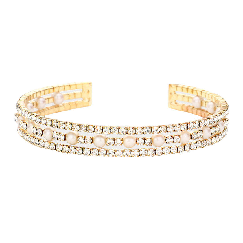 AB Silver Pearl Accented Split Rhinestone Cuff Evening Bracelet, Rows of dazzling rhinestones & Pearls set into a colored metal band & an open end for an easy flexible fit. Look as regal on the outside as you feel on the inside,  Stylish cuff bracelet that is easy to put on, take off. Perfect gift for your loved one.