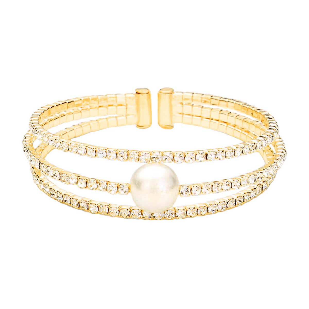 Gold Pearl Accented Split Rhinestone Evening Cuff Bracelet. These gorgeous rhinestone pieces will show your class in any special occasion. The elegance of these rhinestone goes unmatched, great for wearing at a party! Perfect jewelry to enhance your look. Awesome gift for birthday, Anniversary, Valentine’s Day or any special occasion.