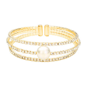 Gold Pearl Accented Split Rhinestone Evening Cuff Bracelet. These gorgeous rhinestone pieces will show your class in any special occasion. The elegance of these rhinestone goes unmatched, great for wearing at a party! Perfect jewelry to enhance your look. Awesome gift for birthday, Anniversary, Valentine’s Day or any special occasion.