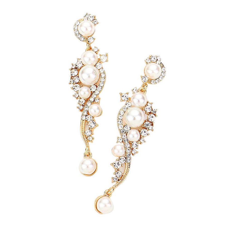 Gold Pearl Accented Stone Embellished Evening Earrings. Look like the ultimate fashionista with these Earrings! Add something special to your outfit this Valentine! special It will be your new favorite accessory. Perfect Birthday Gift, Anniversary Gift, Mother's Day Gift, Graduation Gift, Valentine's Day Gift.
