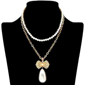 Gold Pearl Chain Rhinestone Pave Ribbon Dangle Pendant Necklace, a fashionable and glowing accessory to your outfits. Suitable for most of the outfits that bring compliments. Glowing pearl adds a gorgeous stylish glow to any outfit in style. Jewelry that fits your lifestyle and amps up your confidence! Adds a touch of inspired beauty to your look. Perfect Birthday Gift, Mother's Day Gift, Anniversary Gift, Graduation Gift, Prom Jewelry, Valentine's Day Gift, Thank you, Gift.