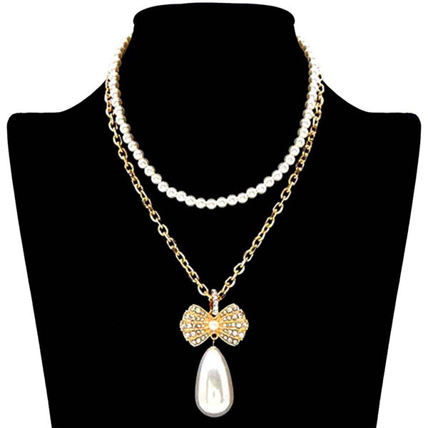 Gold Pearl Chain Rhinestone Pave Ribbon Dangle Pendant Necklace, a fashionable and glowing accessory to your outfits. Suitable for most of the outfits that bring compliments. Glowing pearl adds a gorgeous stylish glow to any outfit in style. Jewelry that fits your lifestyle and amps up your confidence! Adds a touch of inspired beauty to your look. Perfect Birthday Gift, Mother's Day Gift, Anniversary Gift, Graduation Gift, Prom Jewelry, Valentine's Day Gift, Thank you, Gift.