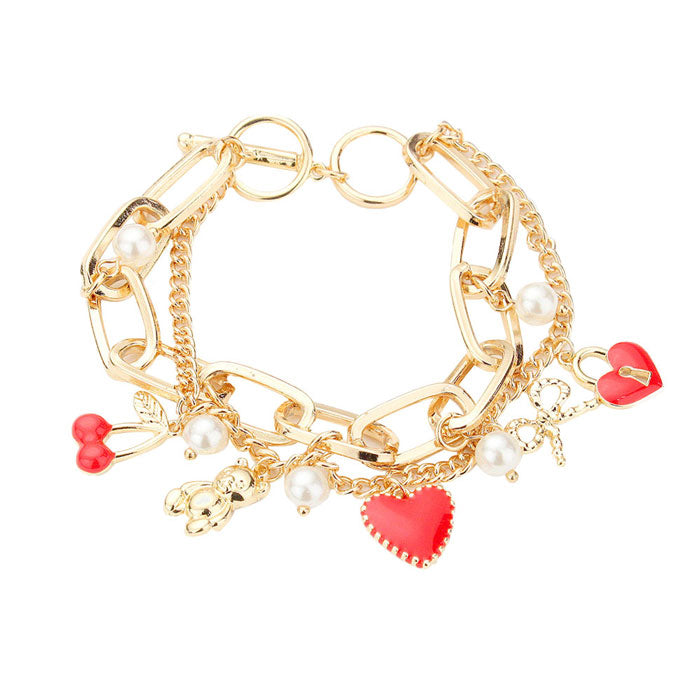 Gold Pearl Cherry Bear Heart Bow Lock Charm Station Double Layered Toggle Bracelet. Beautifully crafted design adds a gorgeous glow to any outfit. Jewelry that fits your lifestyle! Perfect Birthday Gift, Anniversary Gift, Mother's Day Gift, Anniversary Gift, Graduation Gift, Prom Jewelry, Just Because Gift, Thank you Gift.