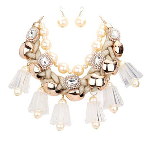 Gold Pearl Chunky Lucite Cord Braided Statement Necklace. These gorgeous Pearl pieces will show your class in any special occasion. The elegance of these pearl goes unmatched, great for wearing at a party! Perfect jewelry to enhance your look. Awesome gift for birthday, Anniversary, Valentine’s Day or any special occasion.