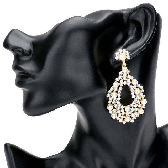 Gold Pearl Detail Rhinestone Open Teardrop Evening Earrings, These gorgeous rhinestone pieces will show your class in any special occasion. The elegance of these crystal evening earrings goes unmatched. Perfect jewelry to enhance your look. Awesome gift for birthday, Anniversary, Valentine’s Day or any special occasion.