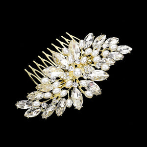 Gold Pearl Embellished Marquis Stone Cluster Hair Comb.  Keep your hairstyle as glamorous as you are with this Stone hair comb! Add spectacular sparkle into your hair do. Perfect for adding just the right amount of shimmer & shine, will add a touch of class, beauty and style to your wedding, prom, special events, embellished pearl cluster to keep your hair sparkling all day & all night long. 