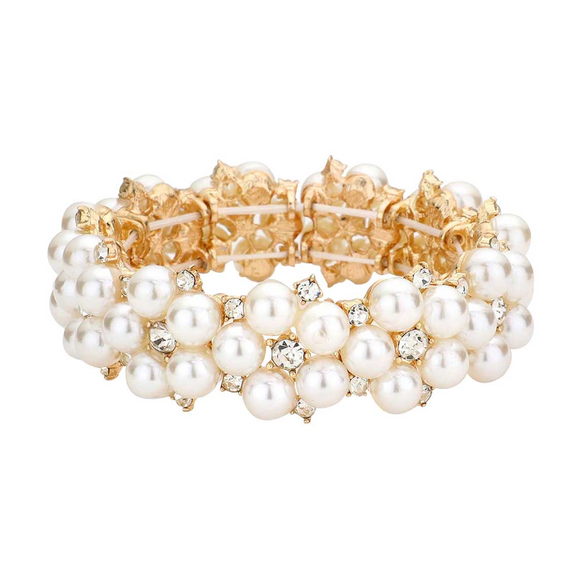 Gold Pearl Flower Cluster Link Stretch Bracelet, is the perfect reflection of absolute royalty and perfect class that will amp up your look and drags everyone's attention on special occasions. Show your confidence and trendy choice with this beauty and complete your ensemble with a luxurious look. Perfect for adding just the right amount of shimmer & shine and a touch of class to special events.