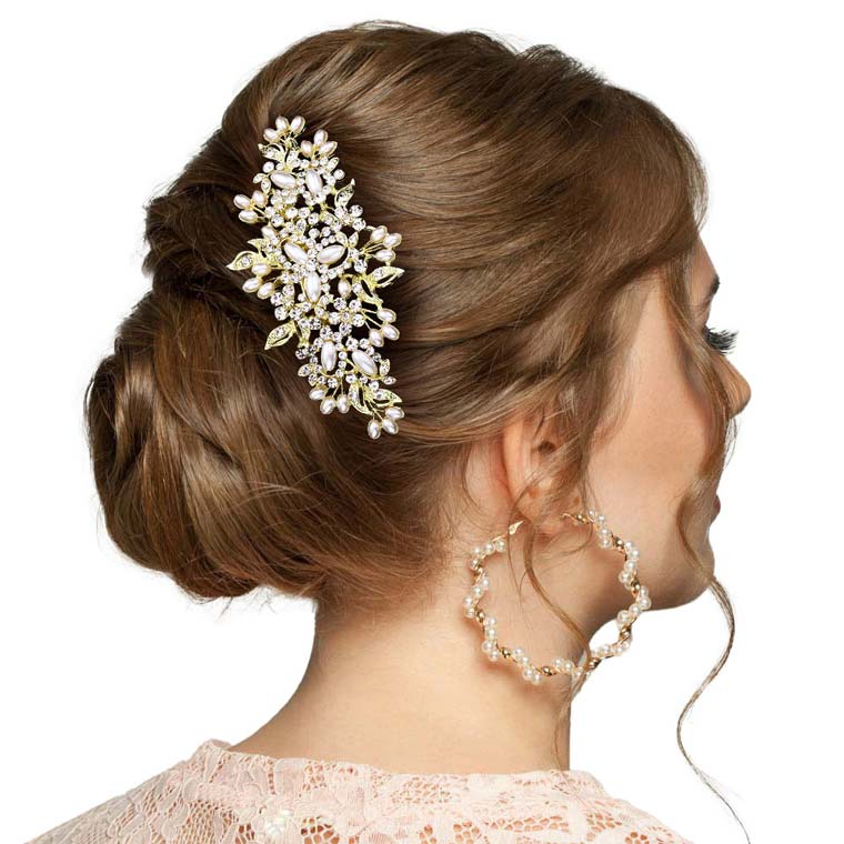 Gold Pearl Flower Shape Stone Embellished Hair Comb, is a classic Wedding and regular gorgeous hair accessory that fits the bride and the bridesmaid. It's perfect for any hair color and type that makes you more glamourous and shiny on a special occasion. Add spectacular sparkle to your hairdo.