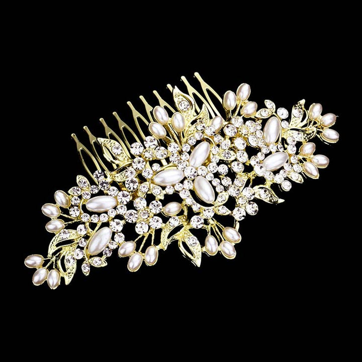 Gold Pearl Flower Shape Stone Embellished Hair Comb, is a classic Wedding and regular gorgeous hair accessory that fits the bride and the bridesmaid. It's perfect for any hair color and type that makes you more glamourous and shiny on a special occasion. Add spectacular sparkle to your hairdo.