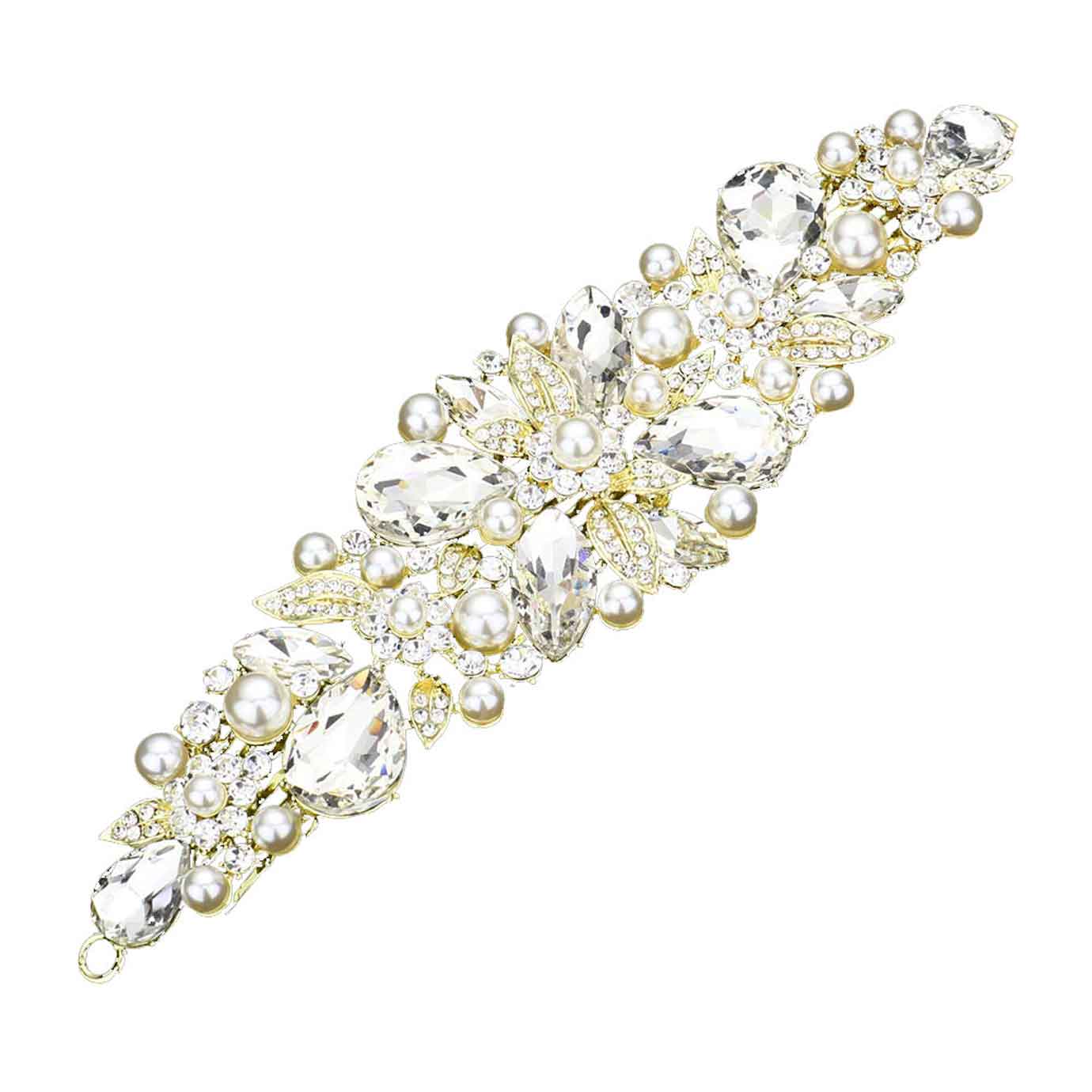 Gold Pearl Multi Stone Embellished Flower Leaf Hair Comb, Perfect for adding just the right amount of shimmer & shine, will add a touch of class, beauty and style to your wedding, prom, special events, embellished pearl stone to keep your hair sparkling all day & all night long. The elegant design will enhance your beauty, attracting everyone's attention and transforming you into a bright star to wear with this hair comb.