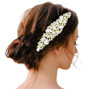 Gold Pearl Multi Stone Embellished Flower Leaf Hair Comb, Perfect for adding just the right amount of shimmer & shine, will add a touch of class, beauty and style to your wedding, prom, special events, embellished pearl stone to keep your hair sparkling all day & all night long. The elegant design will enhance your beauty, attracting everyone's attention and transforming you into a bright star to wear with this hair comb.