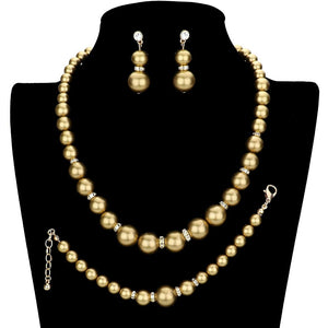 Gold Pearl Necklace Bracelet Set, these gorgeous Pearl bracelets and necklaces will show your class on any special occasion with ultimate luxe. Look like the ultimate fashionista with this jewelry set! Add something special to your outfit this season and year-round with different color combinations!  The elegance of these pearls goes unmatched, great for wearing at a party! Perfect jewelry to enhance your look with a glow.