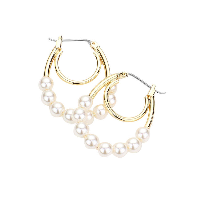 Gold Pearl Pin Catch Hoop Earrings. adds a sophisticated glow & eye-catching style to any outfit, coordinate these exquisite hoop earrings with any ensemble from business casual  wear, ideal for parties, events, holidays. Perfect Birthday Gift, Anniversary Gift, Mother's Day Gift, Anniversary Gift, Graduation Gift, Prom Jewelry, Just Because Gift, Thank you Gift.