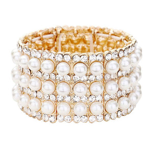 Gold Pearl Rhinestone Crystal Stretch Evening Bracelet, is beautifully designed with pearl crystal rhinestone that amps up your beauty to a greater extent and makes you look special on special occasions. Show your confidence and trendy choice with this beauty and complete your ensemble with a luxurious look. Perfect for adding just the right amount of shimmer & shine and a touch of class to special events.