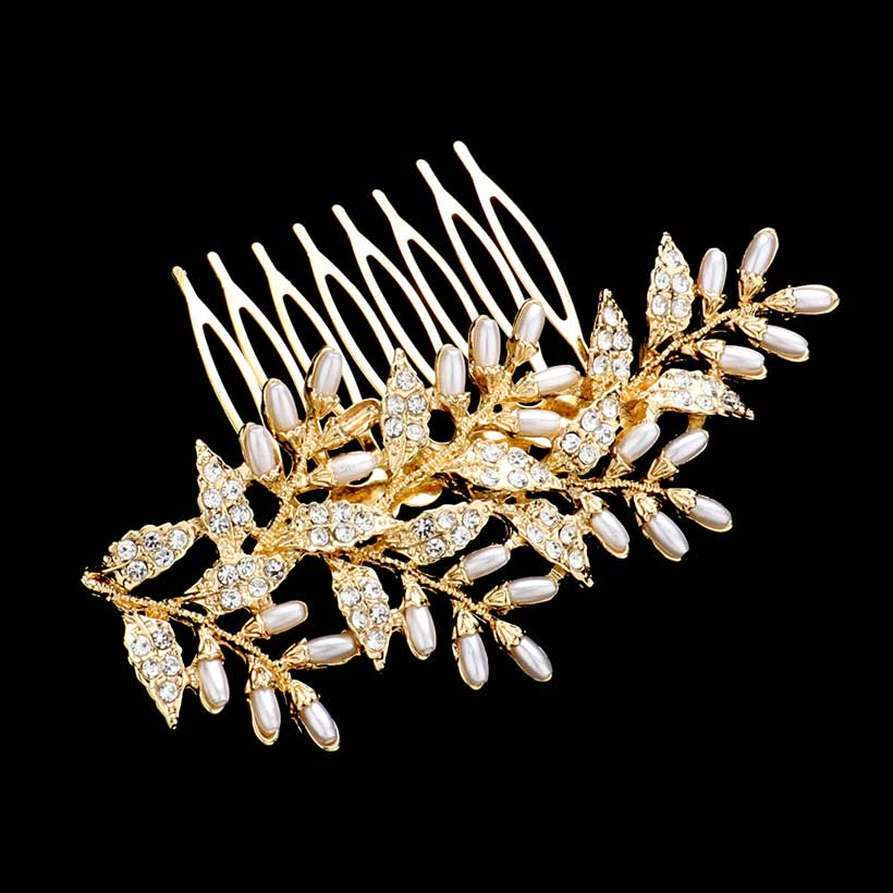 Gold Pearl Rhinestone Embellished Leaf Cluster Hair Comb, amps up your hairstyle with a glamorous look on special occasions with this Pearl Pearl Rhinestone Embellished Leaf Cluster Hair Comb! Perfect for adding just the right amount of shimmer & shine. These are Perfect Birthday, Anniversary Gifts, and Graduation Gifts.