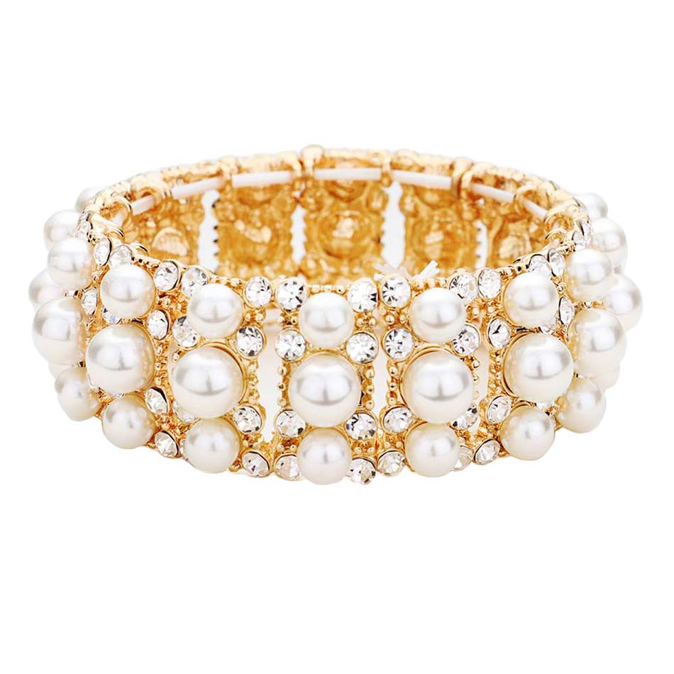 Gold Pearl Rhinestone Pave Evening Stretch Bracelet, brings a gorgeous glow to your outfit to show off the royalty on any special occasion. It's a perfect beauty that highlights your appearance and grasps everyone's eye on any special occasion. Wear this beauty to add a gorgeous glow to your special outfit at weddings, wedding showers, receptions, anniversaries, and other special occasions. A beautiful gift and an ideal choice for your loved one or yourself to glow on any special day!