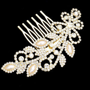 Gold Pearl Rhinestone Sprout Leaf Hair Comb. Adding just the right amount of shimmer & shine, will add a touch of class, beauty and style to your wedding, prom, special events, pearl stone to keep your hair sparkling all day & all night long. High quality strong and sturdy material for Hair Ornaments that fits the bride and the bridesmaid, they are not easy to break lightweight and comfortable to wear, you can use them every day and on special occasions. 