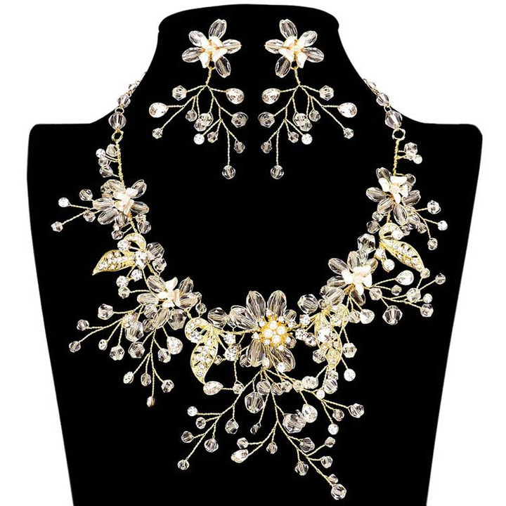 Gold Pearl Stone Bead Embellished Flower Leaf Evening Necklace, the Beautifully crafted design adds a gorgeous glow to your special outfit. Stone bead evening necklaces that fit your lifestyle on special occasions! The perfect accessory for adding just the right amount of shimmer and a touch of class to special events.