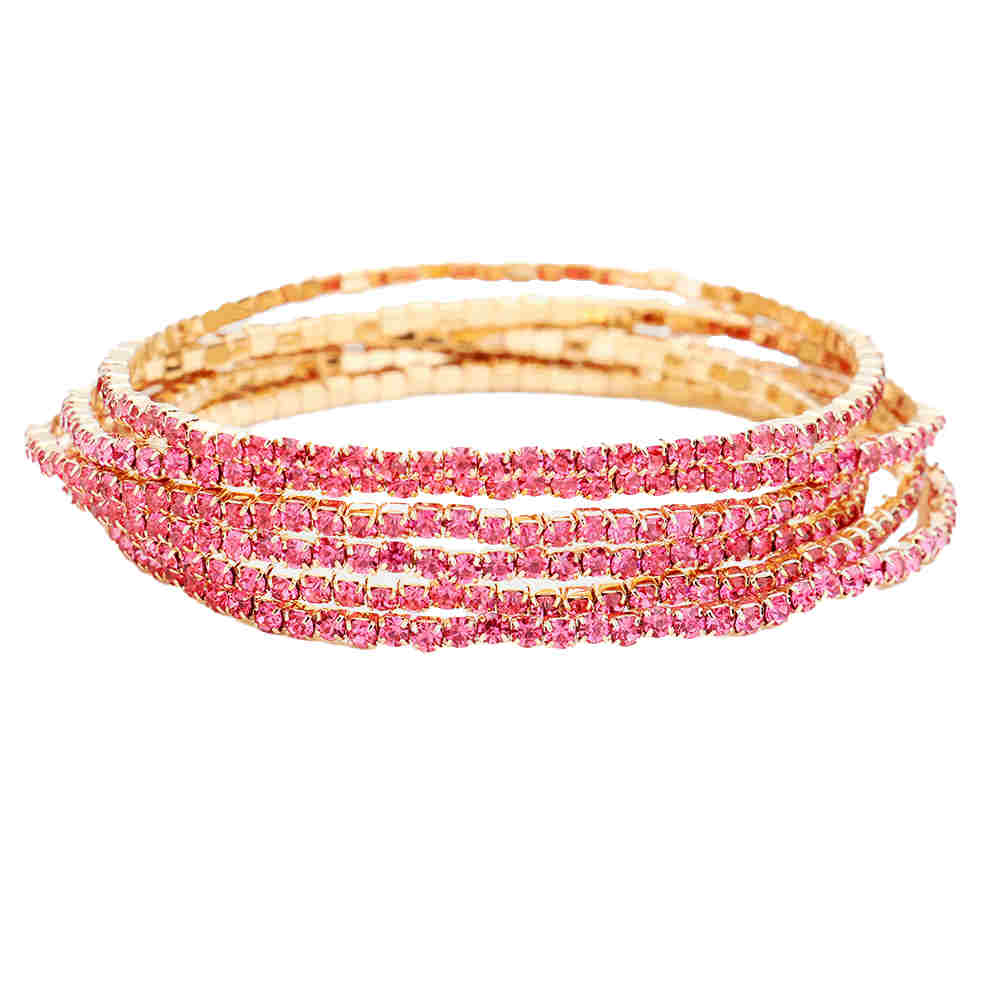 Gold Pink 6pcs Crystal Rhinestone Stretch Layered Bracelets, beautiful crystal clear rhinestones; add this 6 piece layered bracelet to light up any outfit, feel absolutely flawless. Fabulous fashion and sleek style. Perfect Birthday Gift, Anniversary Gift, Mother's Day Gift, Thank you Gift, 