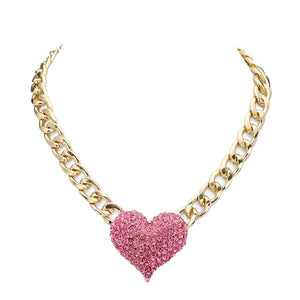 Gold Pink Heart Rhinestone Pave Chunky Metal Chain Necklace, Get ready with these Metal Chain  Necklace, put on a pop of color to complete your ensemble. Perfect for adding just the right amount of shimmer & shine and a touch of class to special events. Perfect Birthday Gift, Anniversary Gift, Mother's Day Gift, Graduation Gift.