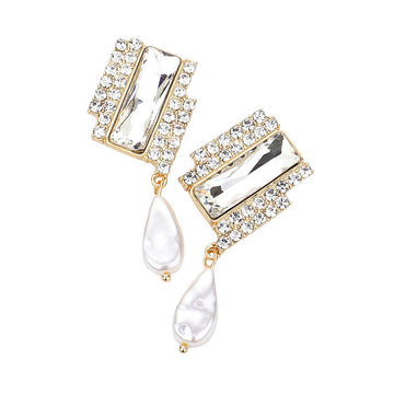 Gold Rectangle Stone  Freshwater Pearl Dangle Evening Earrings. Look like the ultimate fashionista with these Earrings! Add something special to your outfit ! It will be your new favorite accessory. Perfect Birthday Gift, Anniversary Gift, Mother's Day Gift, Graduation Gift, Prom Jewelry, Just Because Gift, Thank you Gift.