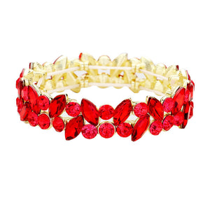 Gold Red Glass Crystal Marquise Stone Cluster Stretch Bracelet, Get ready with these Rhinestone Coil Bracelet, put on a pop of color to complete your ensemble. Perfect for adding just the right amount of shimmer & shine and a touch of class to special events. Perfect Birthday Gift, Anniversary Gift, Mother's Day Gift.