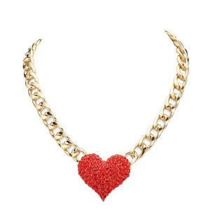 Gold Red Heart Rhinestone Pave Chunky Metal Chain Necklace, Get ready with these Metal Chain  Necklace, put on a pop of color to complete your ensemble. Perfect for adding just the right amount of shimmer & shine and a touch of class to special events. Perfect Birthday Gift, Anniversary Gift, Mother's Day Gift, Graduation Gift.