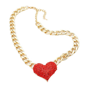 Gold Red Heart Rhinestone Pave Chunky Metal Chain Necklace, Get ready with these Metal Chain  Necklace, put on a pop of color to complete your ensemble. Perfect for adding just the right amount of shimmer & shine and a touch of class to special events. Perfect Birthday Gift, Anniversary Gift, Mother's Day Gift, Graduation Gift.