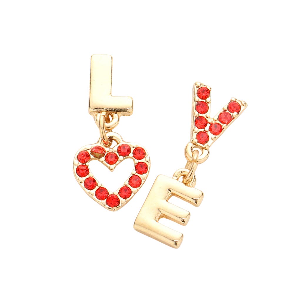 Gold Red Love Rhinestone Message Unbalanced Dangle Earrings, These gorgeous Rhinestone pieces will show your class on any special occasion. Wear these lovely earrings to make you stand out from the crowd & show your trendy choice this valentine. The fashion jewelry offers a classy look for a romantic night out on the town and makes a thoughtful gift for Valentine's Day. Lightweight & easy to wear.