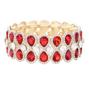 Gold Red Teardrop Glass Crystal Pave Stretch Evening Bracelet; Look as regal on the outside as you feel on the inside, feel absolutely flawless. Fabulous fashion and sleek style adds a pop of pretty color to your attire, coordinate with any ensemble from business casual to everyday wear