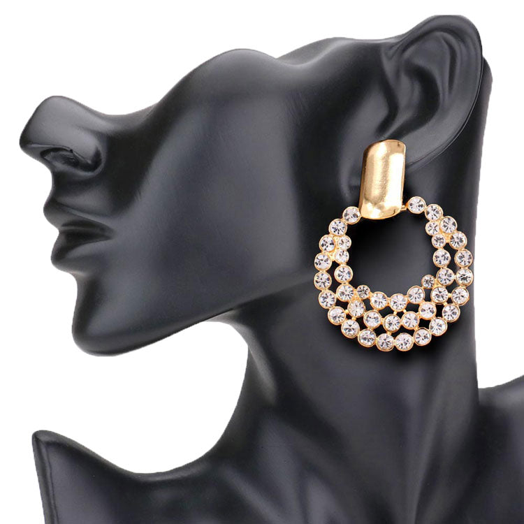 Gold Rhinestone Cluster Open Circle Earrings, these open circle earrings can light up any outfit, and make you feel absolutely flawless. Fabulous fashion and sleek style adds a pop of pretty color to your attire. Enhance your attire with this vibrant handcrafted beautiful modish statement earrings! perfectly lightweight for all-day wear, coordinate with any ensemble from business casual to wear, the perfect addition to any outfit. Great gifts for loved ones.