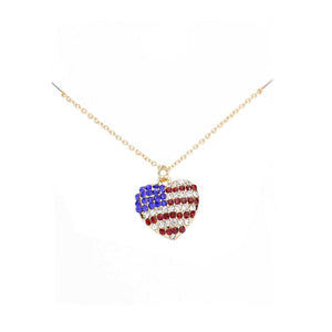 Gold Rhinestone Embellished American USA Flag Heart Pendant Necklace, show your love for our country with this cute patriotic American USA Flag Heart Pendant necklace. Featuring a bit of fashionable fireworks flair in our nations colors. Great for Election Day, National Holidays, Flag Day, 4th of July, Memorial Day, Labor Day.