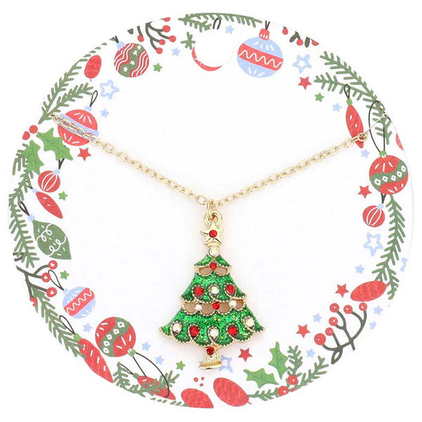 Gold Rhinestone Embellished Christmas Tree Pendant Necklace, get ready with these Christmas-themed Pendant Necklace to receive the best compliments this Christmas. Love token of your appreciation, these sock pendant necklaces match your Christmas outfit in perfect style. Feel the warmth of Christmas and embrace the spirit with these beautiful pendant necklaces.