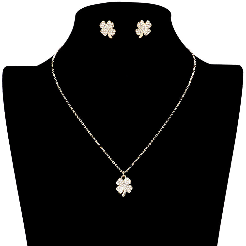 Gold Rhinestone Embellished Clover Pendant Necklace, is perfect to accent your love for the Irish while wearing this beautiful jewelry set. The luck of St. Patrick's Day will be with you this year with these beautiful clover jewelry sets. These cute stone-embellished jewelry sets are the perfect accessory to finish off any festive look. This necklace will be fit for St. Patrick's Day parties, night parties, and carnivals.